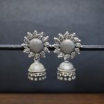 Flower Design Jhumkas With White And Green Hangings