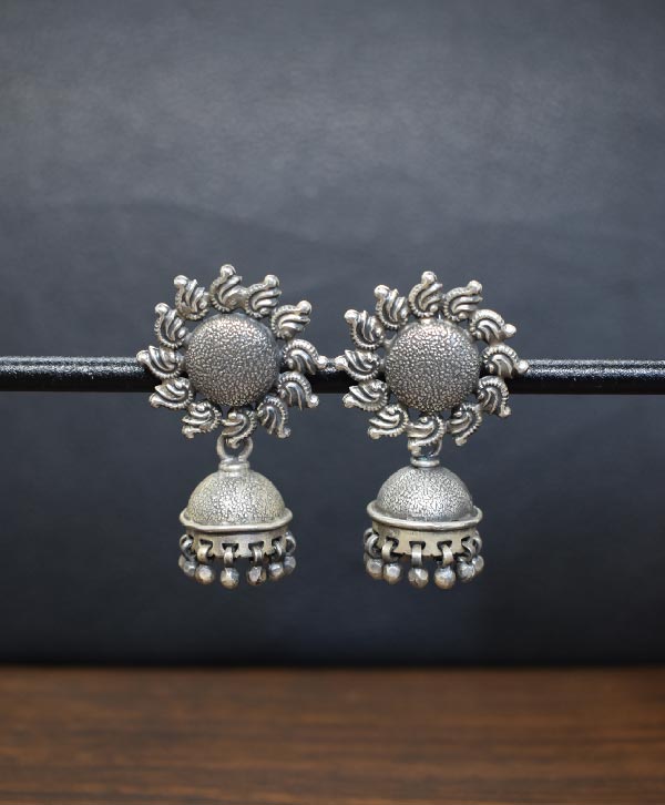Flower Design Jhumkas With White And Green Hangings