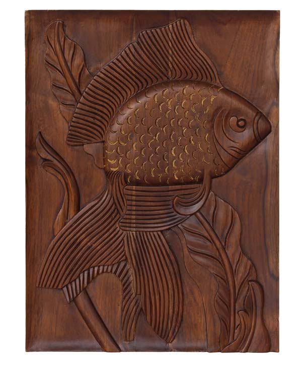 Intricately Hand Carved Fish & Leaves Art