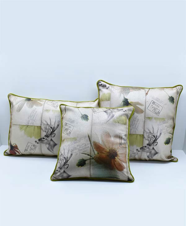 Parrot Green & Off White Printed Cushion Covers