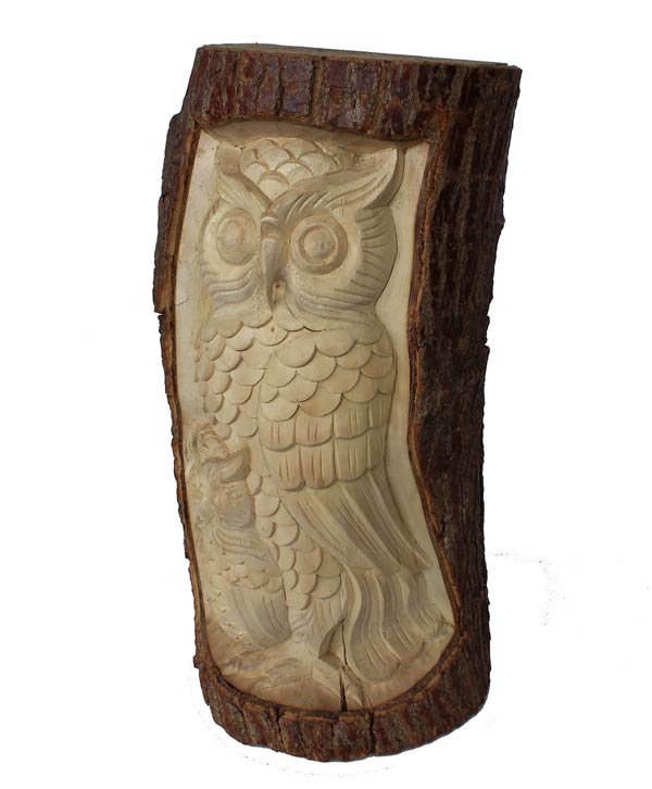 Hand Carved Owl On Wooden Log Art
