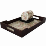 Floral Printed Base Wooden Tray With Coaster Set