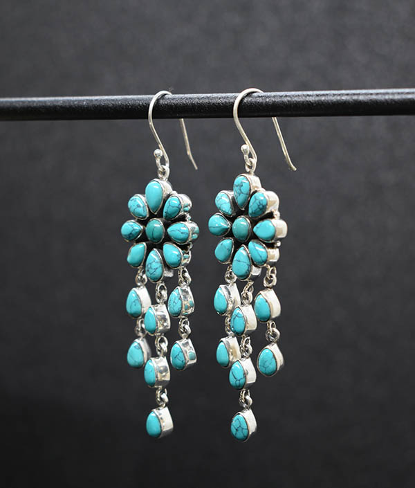 Flower Design With Hanging In Turquoise Stone Earrings - Platear
