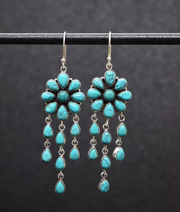 Flower Design With Hanging In Turquoise Stone Earrings - Platear