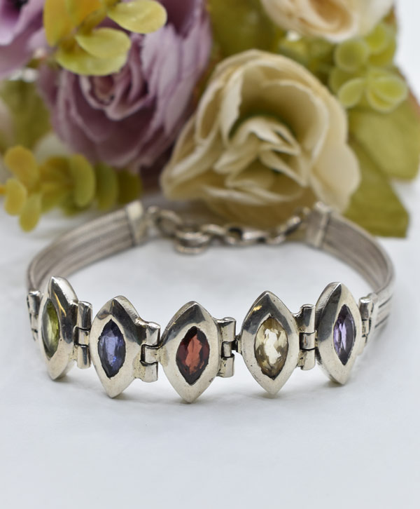 Natural Multi-Gemstone Bracelet 8 in. Polished .925 Sterling Silver  #1073918 | eBay