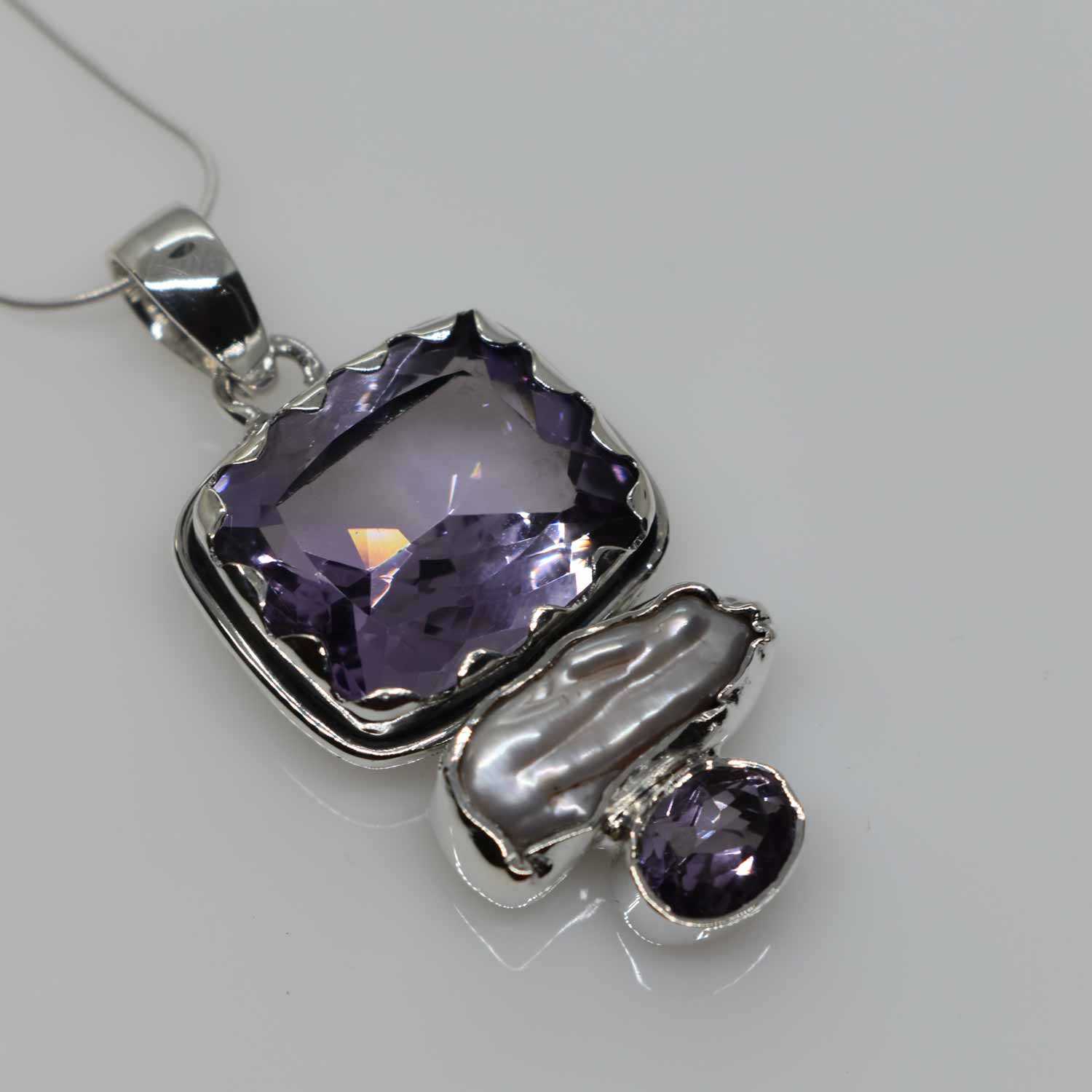 Amethyst & Pearl Stone Silver Pendant - Platear