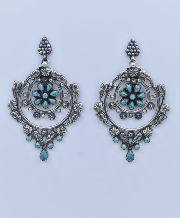 Parrot Design Earring With Turquoise Stone - Platear