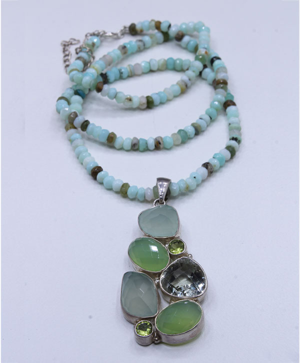 Peridot, Crystal And Aqua Chalcy Stone Pendant - Platear