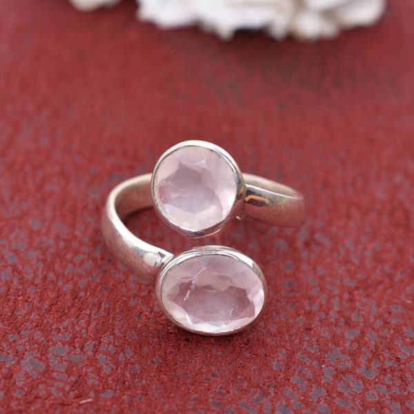 Sterling Silver Rose Quartz Rings - Faceted Cut On Stone
